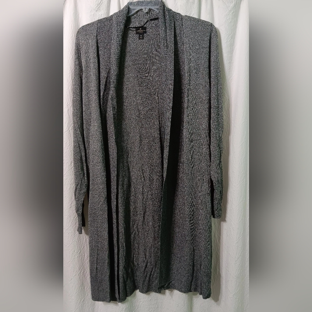 Worthington Long Open-Front Ribbed Cardigan - Charcoal Gray